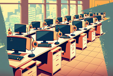 No one is seated at a workstation with many computers used by telemarketing representatives to handle helpline calls in the contact center workplace. vacant area with technology to help customers duriの素材
