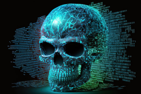 Cybercrime and hacking concept creative code skull hologram on contemporary computer background. multiexposureの素材