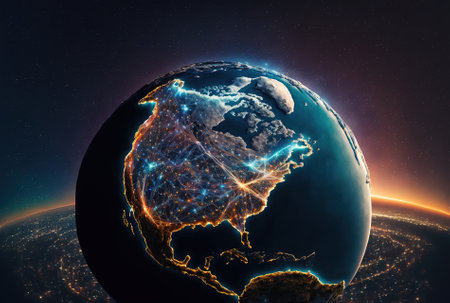 Illustration of the Earth at night from orbit with city lights together with the notions of energy consumption power industry and ecology. Abstract technical backdrop. Global networkの素材