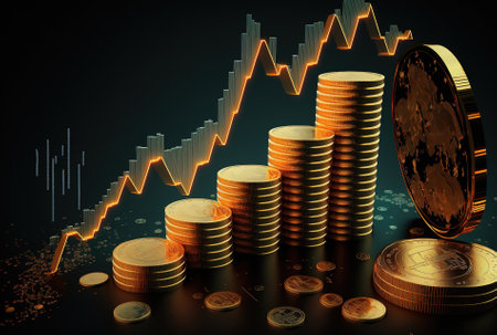For the notion of business investment and stock market analysis there are coins stacked with a graph of the stock marketの素材
