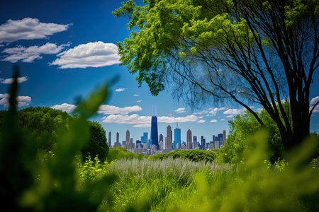 chicago skyline from butler field towards financial district skyscrapers day time chicago illinois usa parks gardens the concept of cyber security to protect companies confidential informationの素材