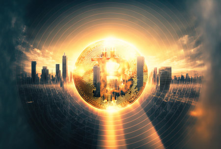 creative radiance Bitcoin hologram on a hazy cityscape twofold exposure of the cryptocurrency financial and tech conceptsの素材