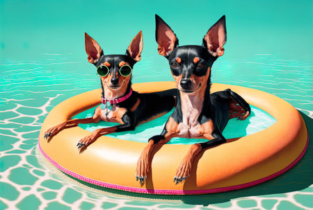 Summer getaways for dogs. On vacation two pinschers are seen sunning beside a vibrant air pool. isolatedの素材