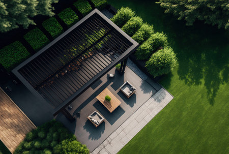 Modern black bio climatic pergola with top view on an outdoor patio. Teak wood flooring a pool and lounge chairs. green grass and trees in a gardenの素材