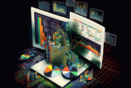 Multiple exposures of an abstract financial diagram with a banking and accounting notion on a computer backgroundの素材