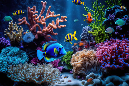 Near the bottom there are many fish sea anemones plants and corals all of which are blue and purple in hue. views of the ocean marine lifeの素材
