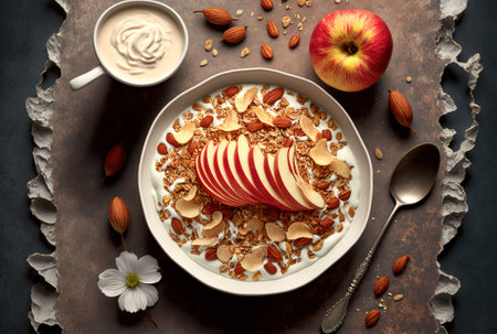 Oatmeal almonds flaxseed cornflakes a fresh red apple cinnamon and yogurt are all included in this homemade granola (muesli). Delicious nutritious breakfast served on a marble backdrop with a wの素材