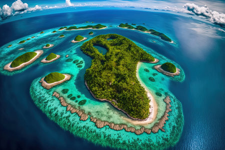 Island chains in the sea. Aerial photos of the Philippine dream islands in the sea. Beautiful scenery with cloudsの素材