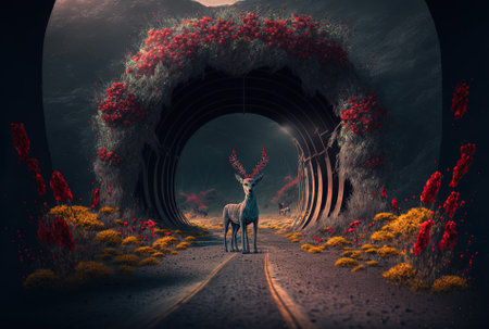 Neural network generated imagery of nightmare inducing animals coming in another scene via a portal arch with red flowers and a roadの素材