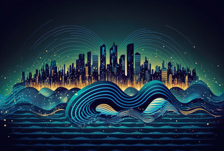 On a background of the city skyline an abstract digital wave covering a river is part of the smart city ideaの素材