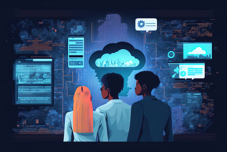 Multiracial tech engineers program software for an informational organization. Blockchain technology is being used by cyber security industry engineers to encrypt cloud computing data systemsの素材