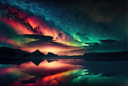 Northern nature nebula cosmic starry aurora borealis on starry sky with sea and sunset reflected on waterの素材