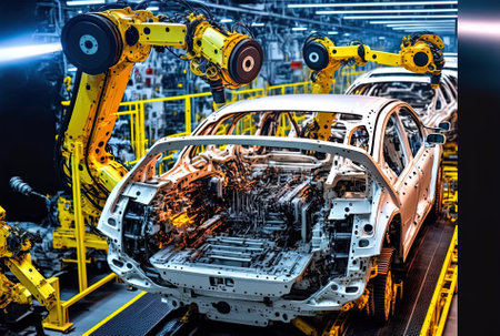 New vehicle assembly line automatic welding of car body on manufacturing line robotic arm on car production line is operationalの素材