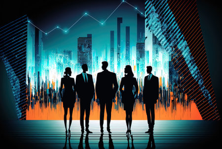 Teamwork in investing and transaction processing concept with silhouettes of a people group against an abstract technological background and a digital financial graphの素材