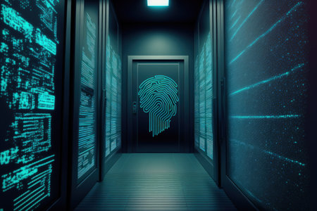 Over the server room is a picture of data processing with a fingerprint icon. Conceptual depiction of global technology and a digital interfaceの素材