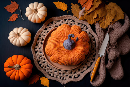 Thanksgiving flat lay composition Giving Thanks with crocheted pumpkin and autumn foliage in the backdrop. Fall vacations an anime style top view of the season of autumnの素材