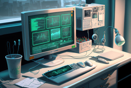 Nobody is in the contemporary clinic workstation which has an unattended computer screen presenting a medical report. First aid supplies modern hospital furnishings and patient records are all presの素材