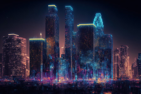 Skyscrapers in Los Angeles California lighted at night in a hologram of artificial intelligence (AI) and commercial machine learning robotic neural networksの素材