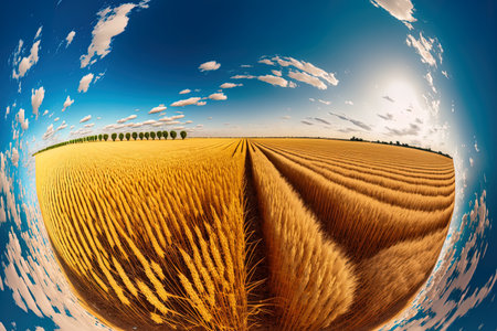 Panorama of an agricultural field. Wheat field panorama. Agricultural field panoramic landscape. Agriculture field panoramaの素材