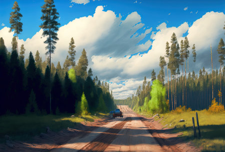 Russian road through a dense lush forest. when there are beautiful skies green pines sunny days and autumnal seasonsの素材