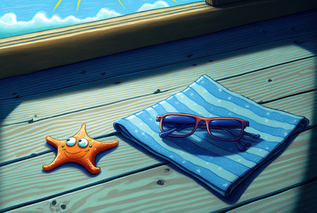 On an ancient blue painted wood deck a beach scene with an orange striped towel starfish and sunglasses is shown. room for copyの素材