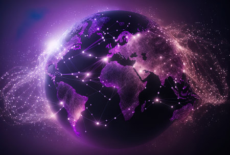Network connection internet connection international representation of large data on an abstract purple backdrop with flowing lines and dotsの素材