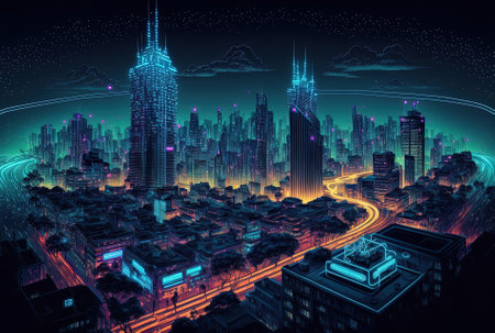 Smart network and communication technology idea with a panoramic view of Bangkok at night in Thailandの素材