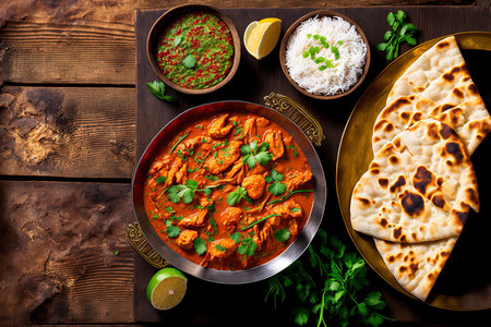 Spicy chicken tikka masala in bowl on rustic wooden background. With rice indian naan butter bread spices herbs. Space for text. Traditional Indian British dish. Top view. Indian food. Copy spaceの素材