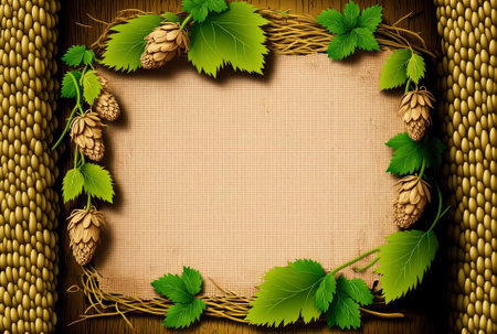 The copy space frame text area on the sackcloth background features green fresh hops together with wheat and beer. lie flat. static state. a top viewの素材