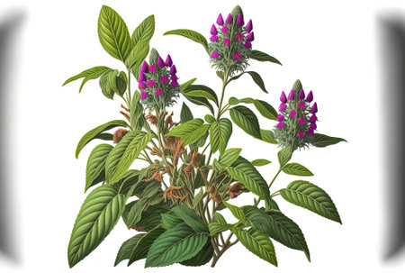 Symphytum officinale plant herbal medicine pruning route of comfrey shrub with blooms isolated on white backdropの素材