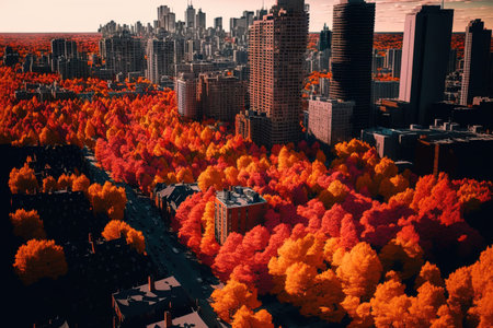 Toronto Canada has stunning yellow orange and crimson fall foliage. The anime style photograph was taken in Toronto in October 2020の素材