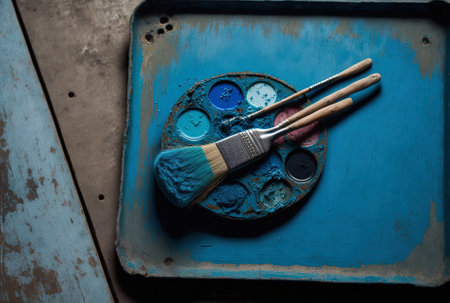 View from above of a metal painting palette with brushes on a cloth covered surface made of worn blue woodの素材