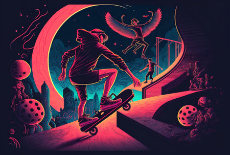 Teenagers unwind and do skateboard leaping tricks on pipe ramps in the nighttime skate park and rollerdrome. extreme sports graffiti teen street activities young urban culture and cartoon illustraの素材