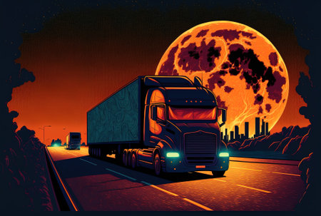 Transportation and logistics idea of a cargo truck travelling on a highway while transporting products for an evening deliveryの素材
