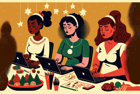 Women from many ethnic backgrounds working at laptops in a festive workplace decorated for Christmas with ornaments and decorations. collaboration and holiday celebrationの素材