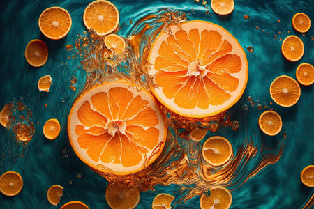 Orange slices floating in clear pool water make up this artistic summer arrangement. Concept of refreshment. topic of healthy energizing drinks. a top viewの素材