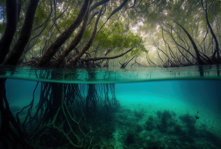 Underwater photograph of a mangrove forest with flooded trees an uncommon underwater scene and an underwater ecologyの素材