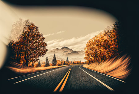 View from a car window on an empty roadway in the fall with motion blur and copyspace for your customized textの素材