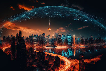The concept of a modern city includes a wireless network link. Concept of wireless network and connection technology against a nighttime cityscapeの素材