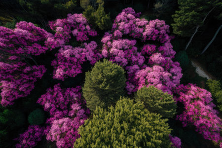 Rhododendron shrubs in full bloom among the trees in Oasi Zegna a popular tourist destination in the Piedmont region of Italy as seen from above. Drone photography with a natural backdropの素材