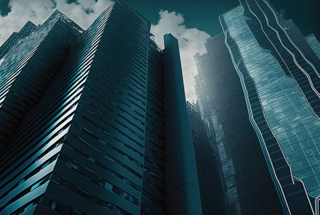 Skyscrapers with steel blue glass and a perspective view from the bottom represent effective industrial architectureの素材