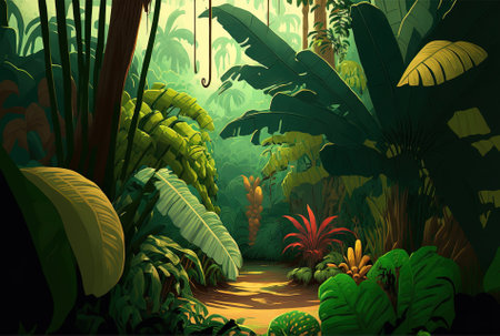 The digital painting depicts a cartoon styled green tropical jungle with banana palms and exotic vegetationの素材