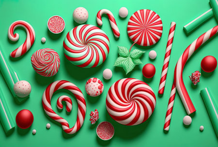 The perfect image for a cool wallpaper is a close up photo of candy canes and other candies on a green backdropの素材