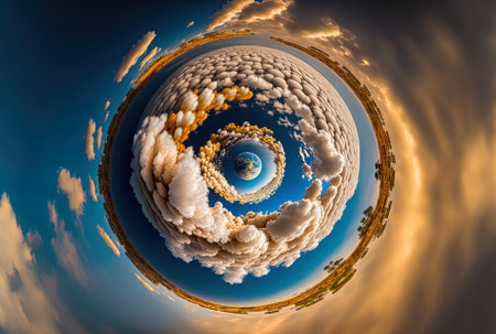 Tiny planet in a sky filled with gorgeous clouds. changing a circular panorama Curvature of space in a 360 degree spherical abstract aerial imageの素材