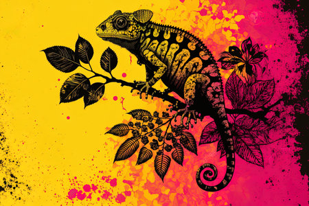 monochromatic chameleon with ornamental leaves and a flower on a vibrant yellow and pink grunge backdropの素材
