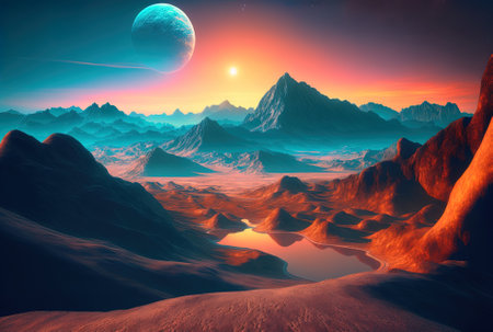beautiful bright and abstract extraterrestrial landscape. Hills at dawn on another planet. A stunning setting from another worldの素材