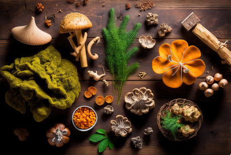 Top view of a fall composition of chanterelles russulas and other wild mushrooms in green moss on weathered wooden planks. Anime style flatlay with several sorts of mushrooms and presents from the fの素材