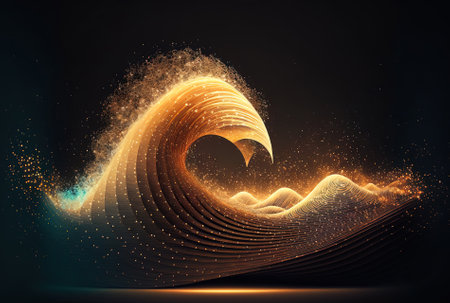 abstract bright particles in a wave the representation of large data with a future technological idea and gold backgroundの素材