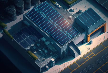 aerial image of a blue roofed contemporary manufacturing facility with solar panels installed for clean renewable energyの素材
