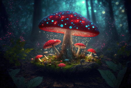 magical fungi Fly agaric in the forest a magnificent woodland thicket. Fantasy moss with glowing mushroomsの素材